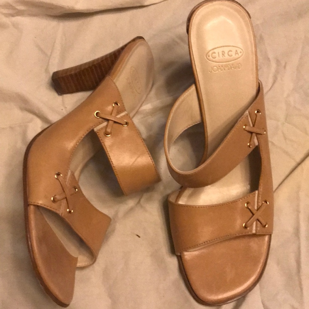 Leather soles beige slip on heels